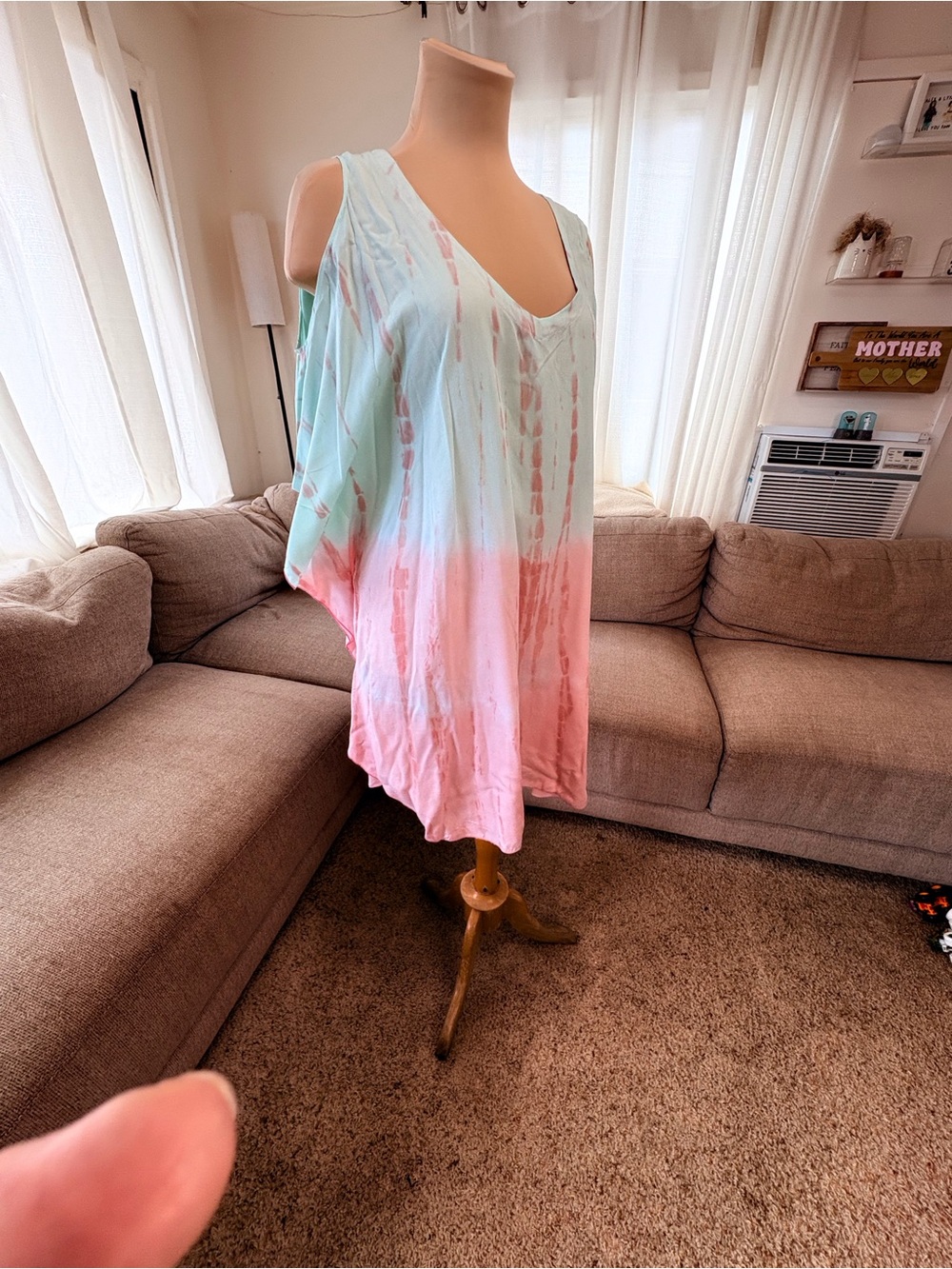 NaPua Collection Mint and Coral Tie-Dye V-Neck Top Cold shoulder dress top - Picture 2 of 7